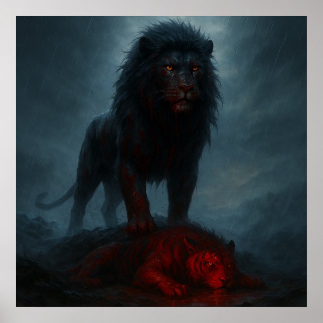 Dark Lion Victory – Dramatic Rain Scene Poster (Framsidan)