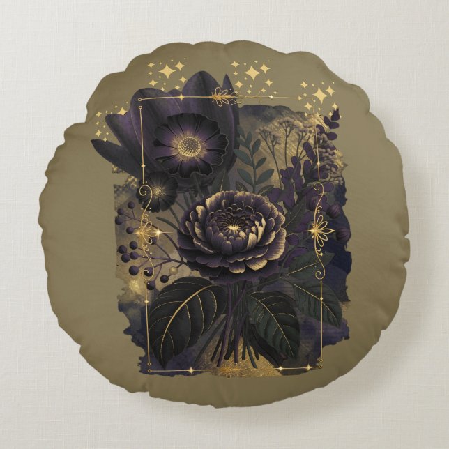 Dark Magical Floral Bouquet in Golden Frame Rund Kudde (Framsidan)