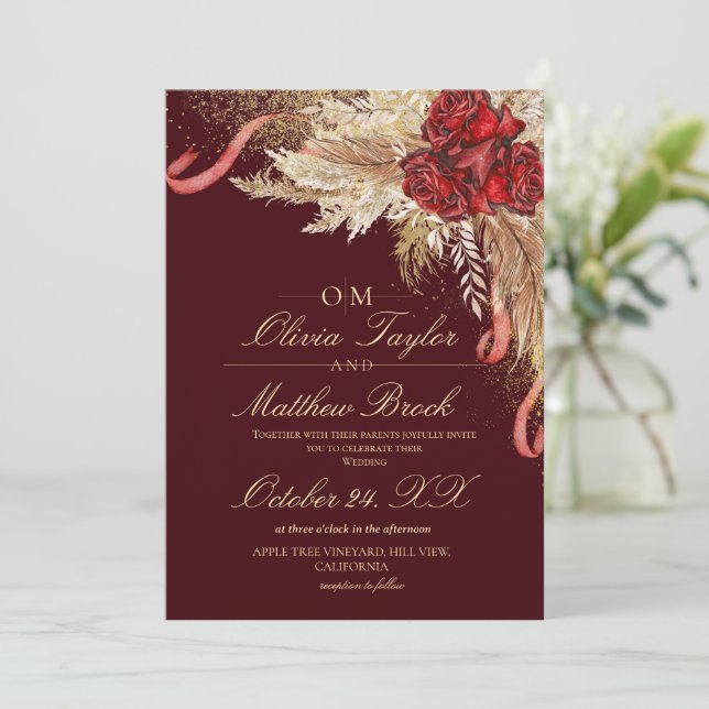 Dark Maroon Floral Boho Watercolor Wedding Inbjudningar (Stående Fram)