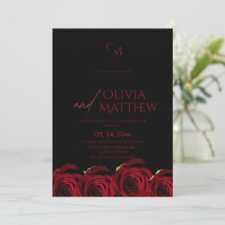 Dark Modern Red Roses Black Wedding Inbjudningar