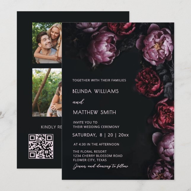 Dark Moody 3D Flowers Wedding Invitation Inbjudningar (Fram/baksida)