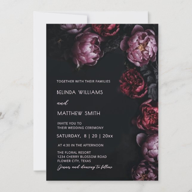 Dark Moody 3D Flowers Wedding Invitation Inbjudningar (Framsida)