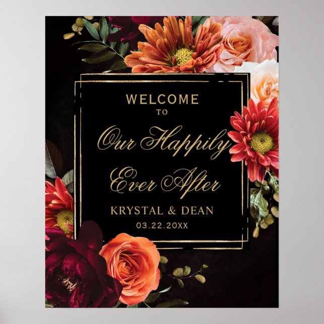 Dark Moody Black Burgundy Orange Floral Wedding Poster (Framsidan)