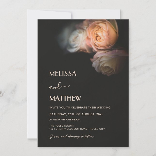 Dark Moody Blush Apricot Roses Wedding Inbjudningar (Framsida)