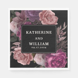 Dark moody burgundy maroon floral black wedding pappersservett