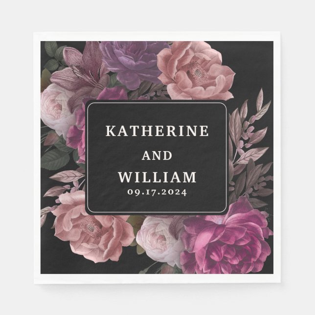 Dark moody burgundy maroon floral black wedding pappersservett (Framsidan)