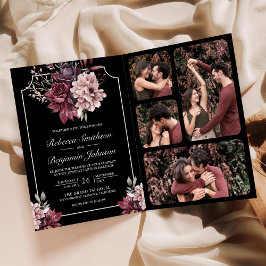 Dark Moody Floral Frame Black QR Code Wedding Inbjudan