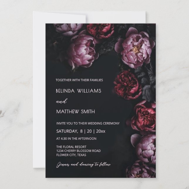 Dark Moody Peony Flowers Wedding Invitation Inbjudningar (Framsida)