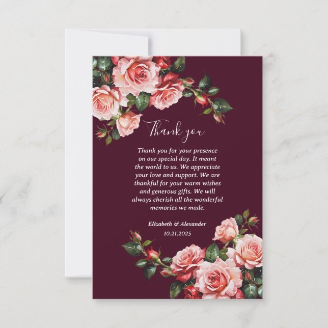 Dark moody pink and red roses burgundy wedding tack kort (Framsida)