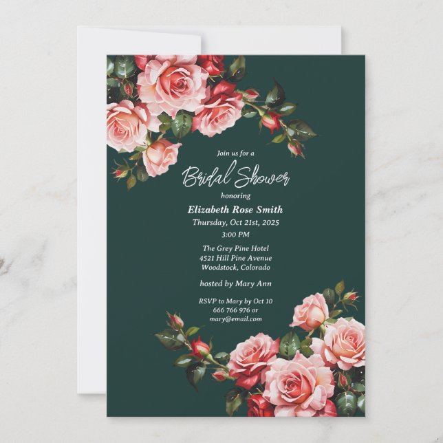 Dark moody pink and red roses green bridal shower inbjudningar (Framsida)