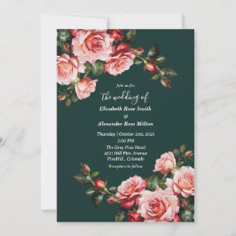 Dark moody pink and red roses green wedding inbjudningar