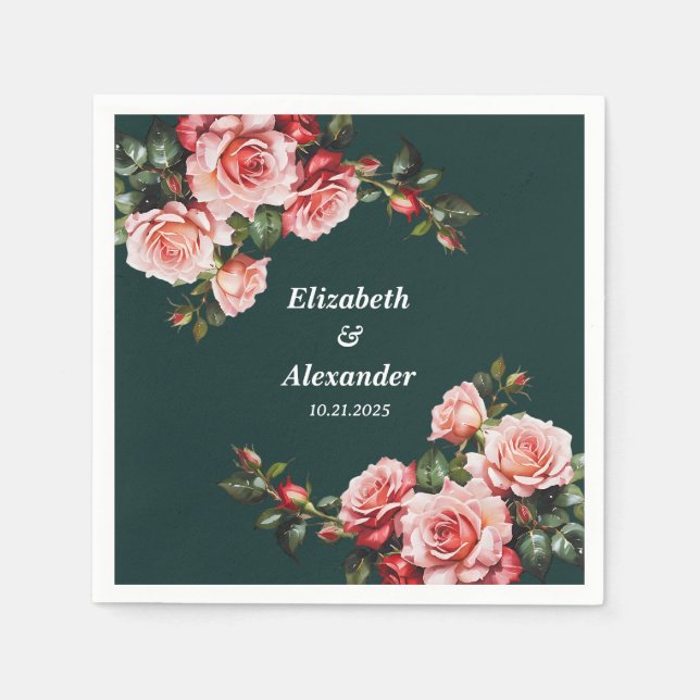 Dark moody pink and red roses green wedding pappersservett (Framsidan)