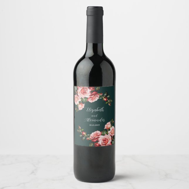 Dark moody pink and red roses green wedding  vinflaska etikett (Framsida)