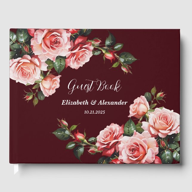 Dark moody pink and red roses maroon  wedding gästböcker (Framsida)