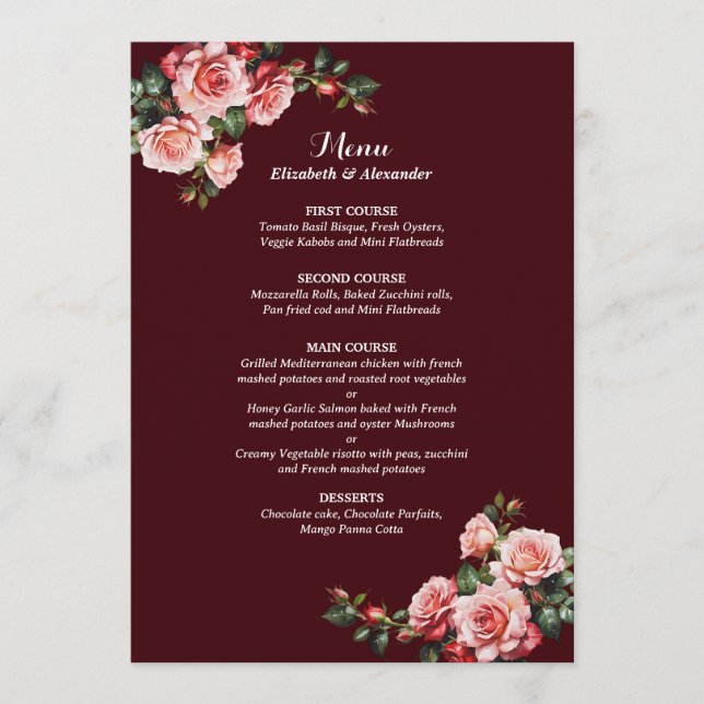 Dark moody pink and red roses maroon wedding meny (Framsida)