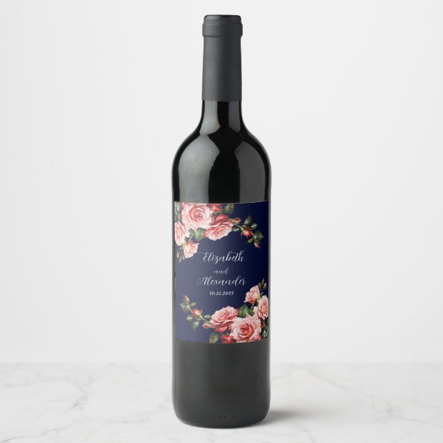 Dark moody pink and red roses navy blue  wedding  vinflaska etikett (Framsida)