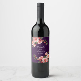 Dark moody pink and red roses purple wedding  vinflaska etikett