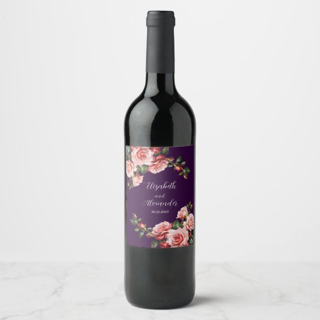 Dark moody pink and red roses purple wedding  vinflaska etikett (Framsida)