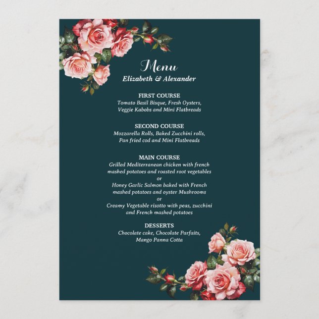 Dark moody pink and red roses teal wedding meny (Framsida)