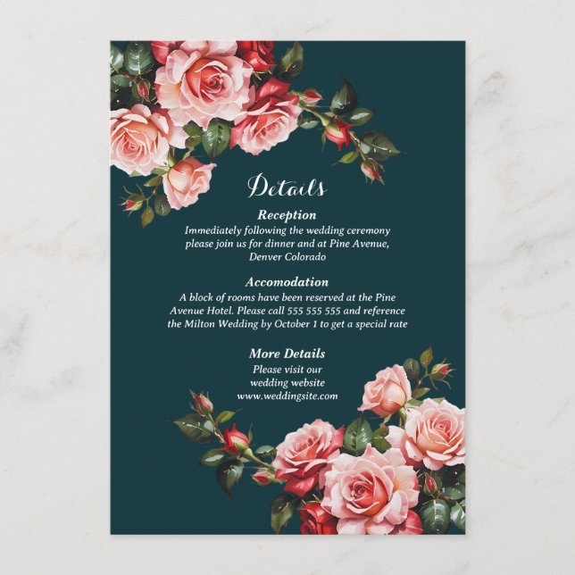 Dark moody pink and red roses teal wedding tilläggskort (Framsida)