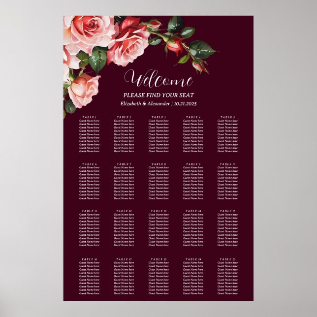 Dark moody pink red roses wedding seating chart poster (Framsidan)