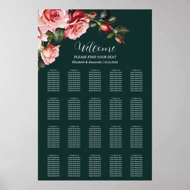 Dark moody pink red roses wedding seating chart poster (Framsidan)