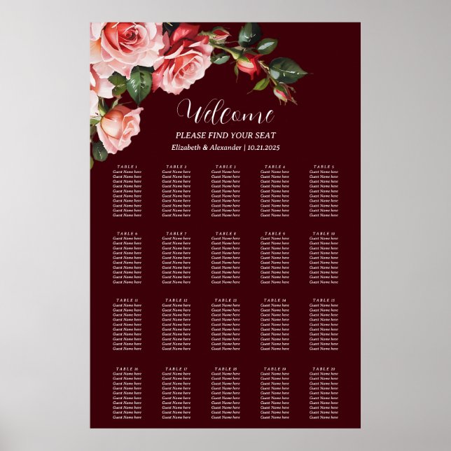 Dark moody pink red roses wedding seating chart poster (Framsidan)