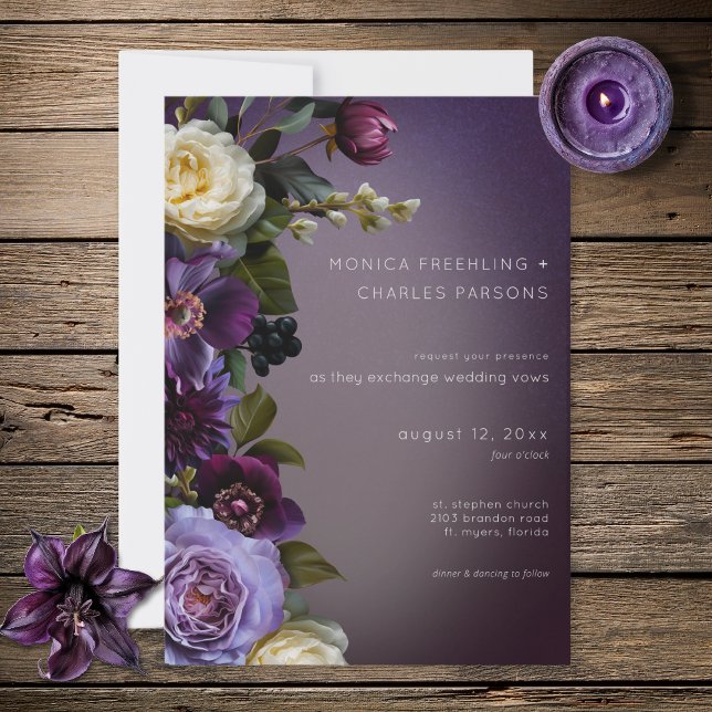 Dark Moody Purple Lavender Floral Modern Wedding Inbjudningar (Dark Moody Purple Lavender Floral Modern Wedding Invitation)