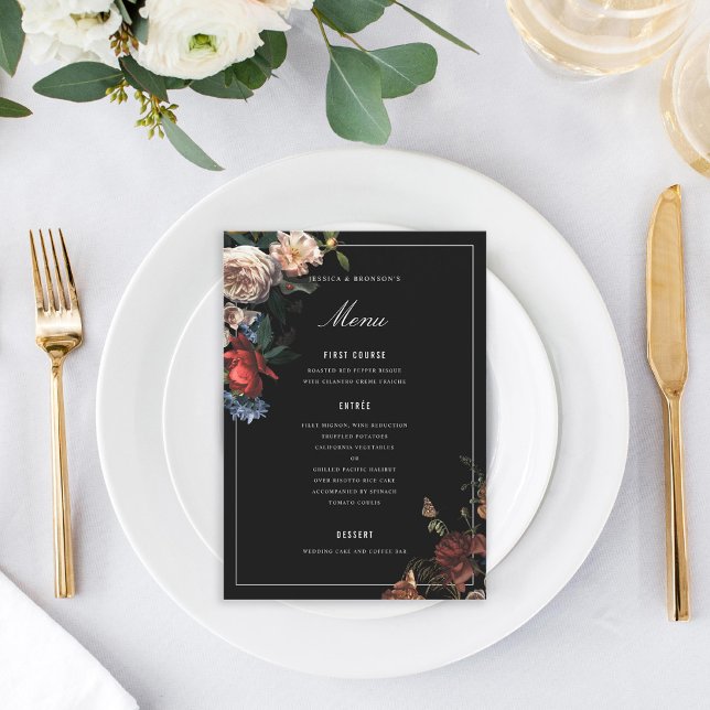 Dark Moody Romantic Floral Dutch Painterly Wedding Meny (Skapare uppladdad)