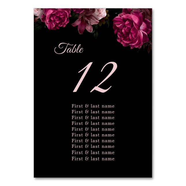  Dark Moody Roses Floral Wedding Seating Chart Bordsnummer (Framsidan)