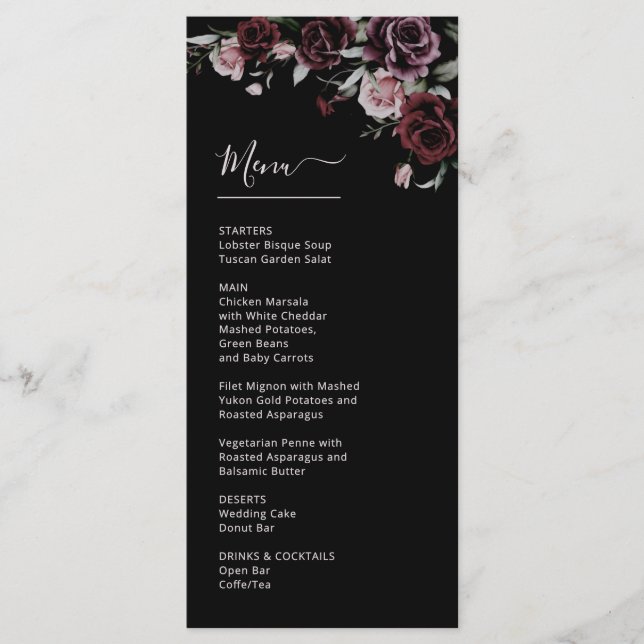 Dark Moody Roses Wedding Meny (Framsida)