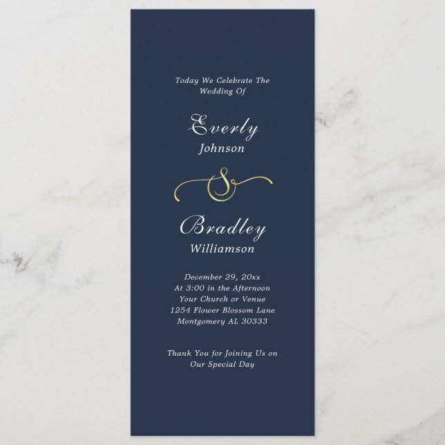 Dark Navy Background Elegant Minimal Wedding Program (Framsida)