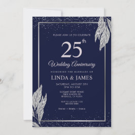 Dark Navy Blue Silver Leaf Wedding Anniversary  Inbjudningar
