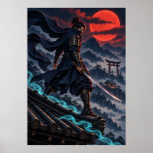 Dark Ninja Red Moon Japanese Fantasy Art Poster
