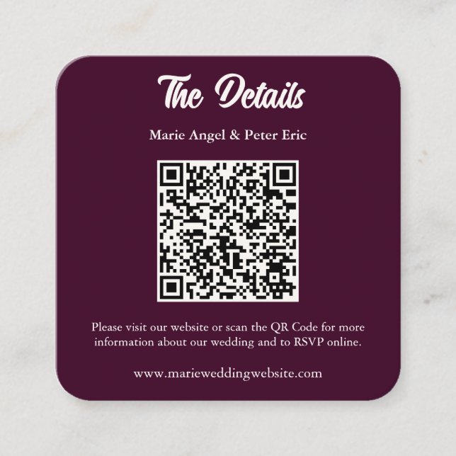 Dark Plum Monogram QR Code Wedding Details Fyrkantigt Visitkort (Framsida)