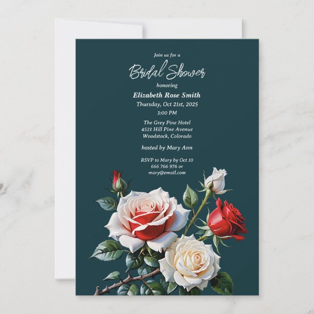 Dark Pretty pink white red roses bridal shower Inbjudningar (Framsida)