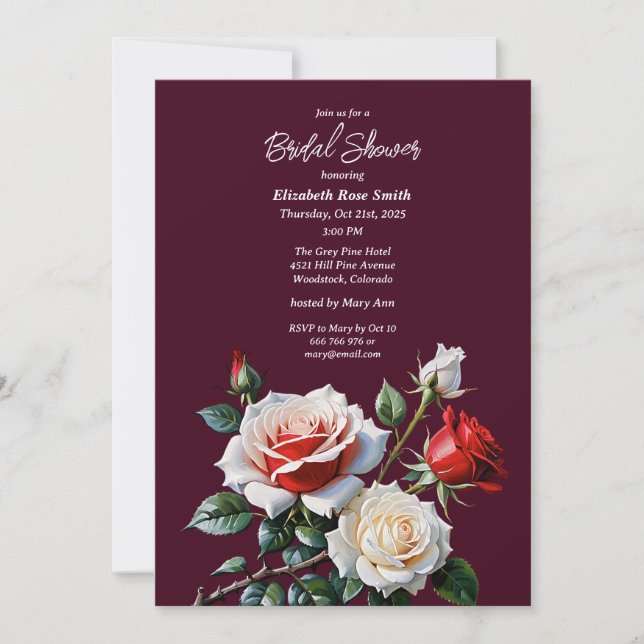 Dark Pretty pink white red roses bridal shower Inbjudningar (Framsida)