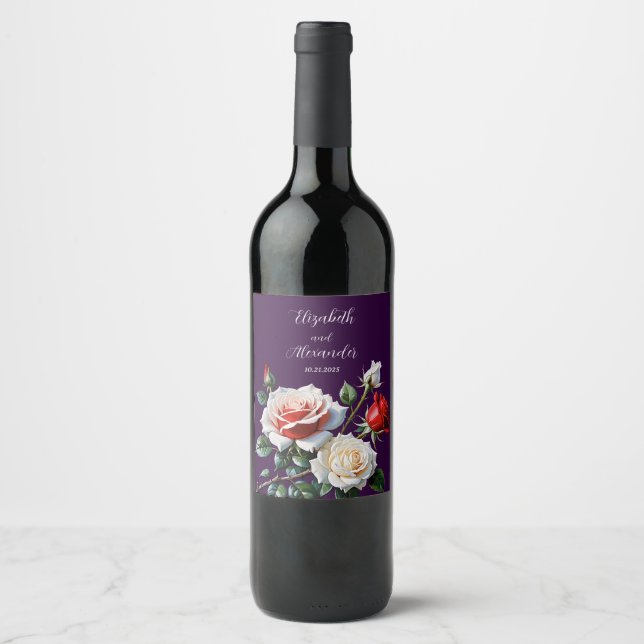 Dark Pretty pink white red roses floral wedding  Vinflaska Etikett (Framsida)