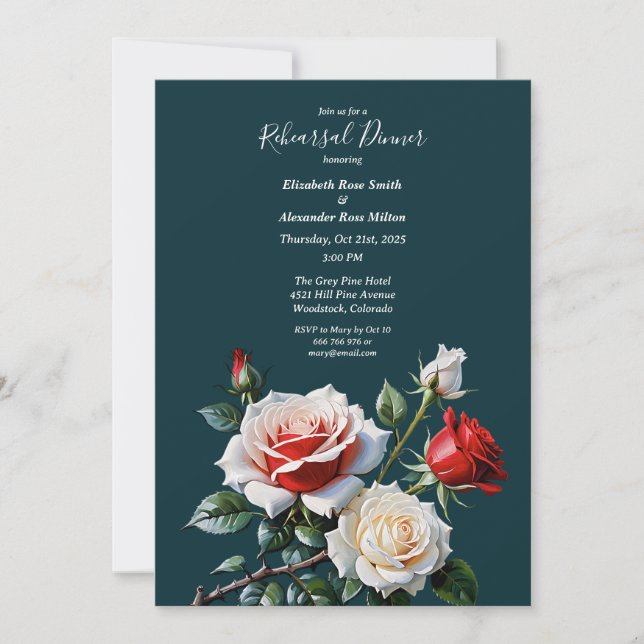 Dark Pretty pink white red roses Rehearsal dinner Inbjudningar (Framsida)