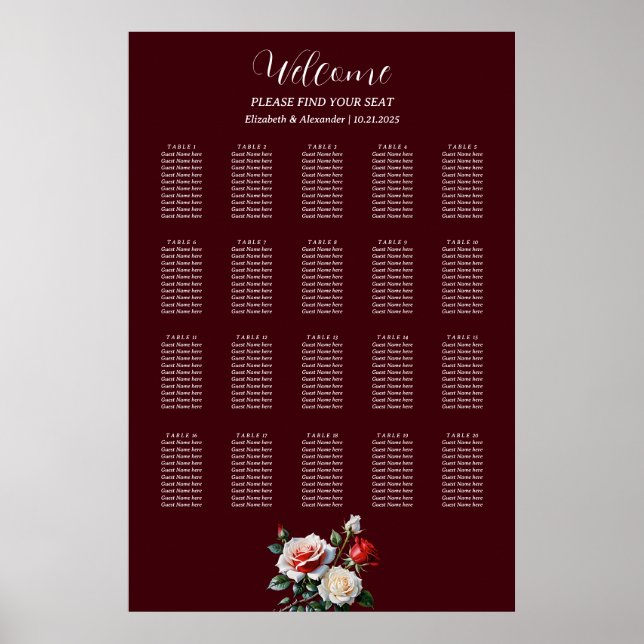 Dark Pretty pink white red roses seating chart Poster (Framsidan)