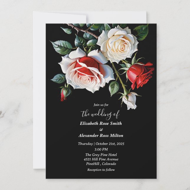 Dark Pretty white red pink roses floral wedding Inbjudningar (Framsida)