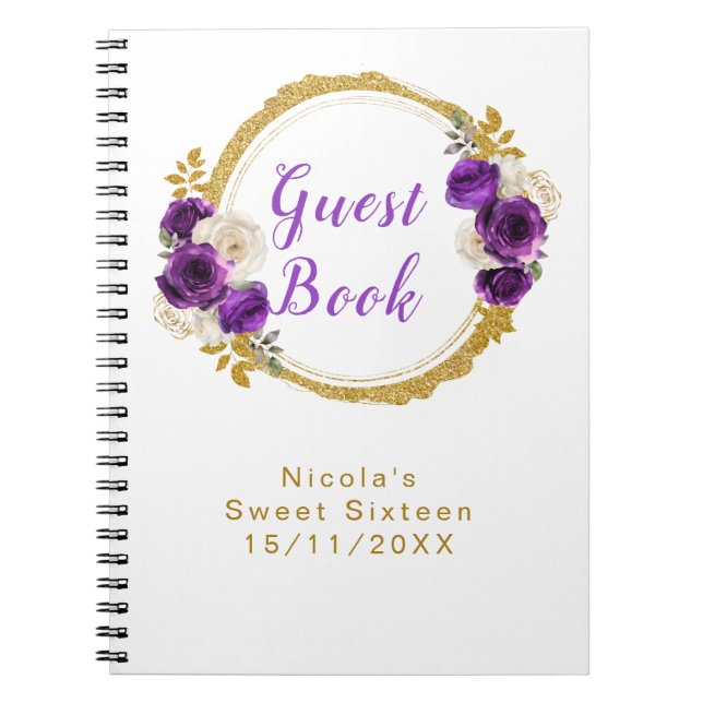Dark Purple and Gold Elegant Flower Sweet Sixteen Anteckningsbok (Framsidan)