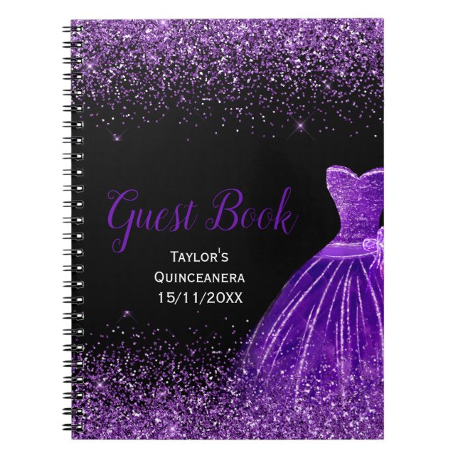 Dark Purple Dress Faux Glitter Quinceanera Guest Anteckningsbok (Framsidan)