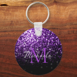 Dark Purple faux glitter sparkles bling Monogram Nyckelring