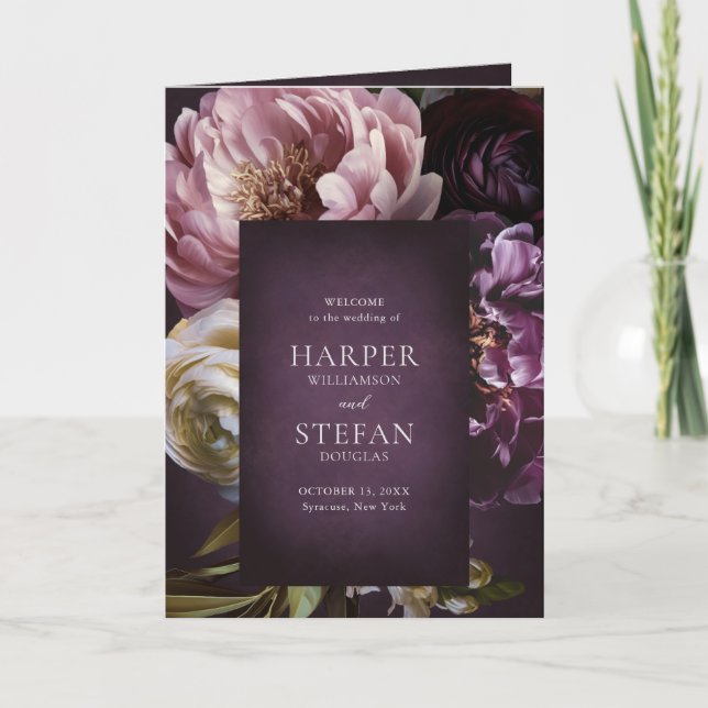 Dark Purple Fine Art Floral Elegant Wedding Program (Framsida)