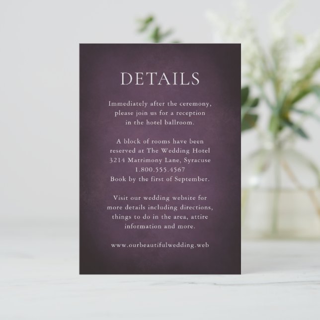 Dark Purple Fine Art Floral Elegant Wedding Tilläggskort (Stående Fram)