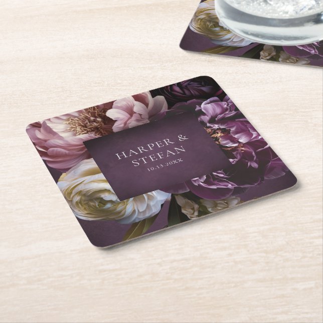 Dark Purple Fine Art Floral Elegant Wedding Underlägg Papper Kvadrat (Vinklad)
