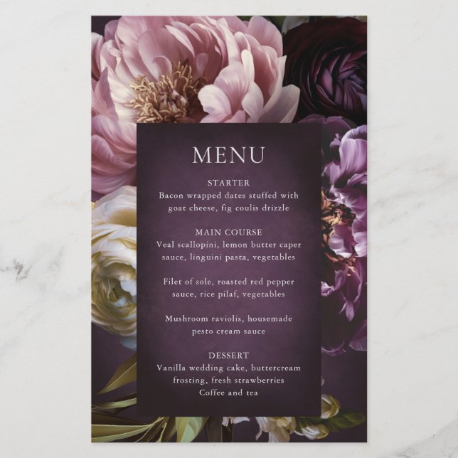 Dark Purple Fine Art Floral Wedding Menu Flygblad (Framsidan)