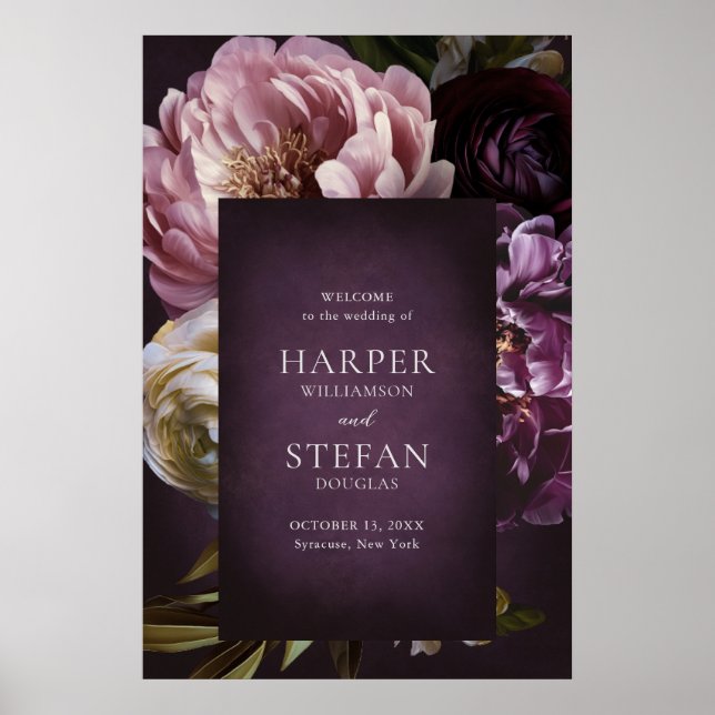 Dark Purple Fine Art Floral Wedding Wecome Sign Poster (Framsidan)