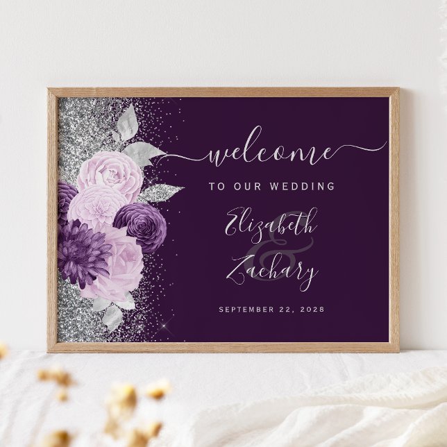 Dark Purple Floral Silver Wedding Welcome Poster (Skapare uppladdad)